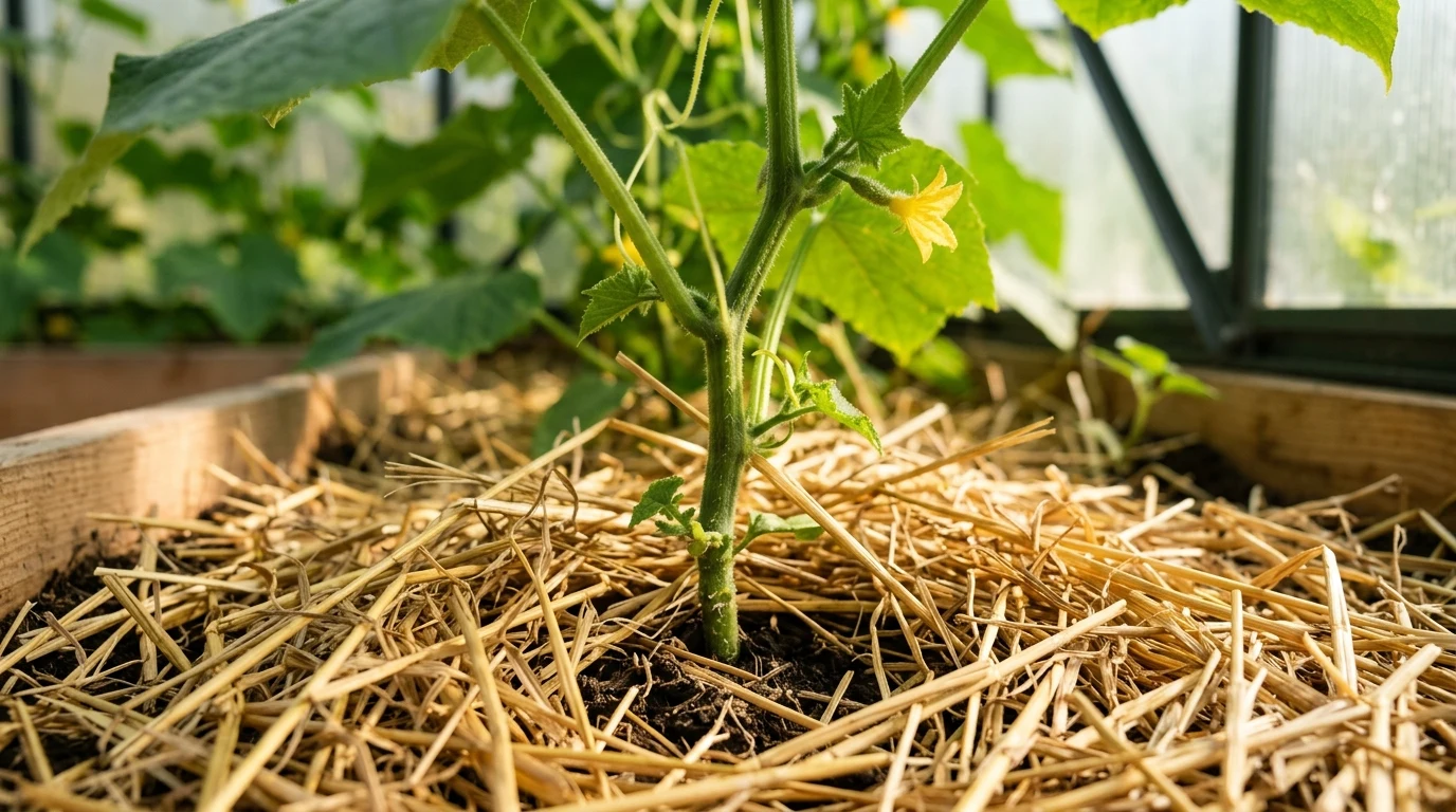 Jorddække med halm under agurkeplante
