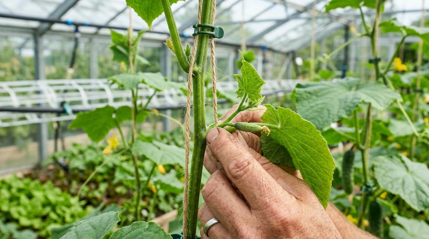Knibning af agurkesideskud tæt på hovedstammen efter første blad