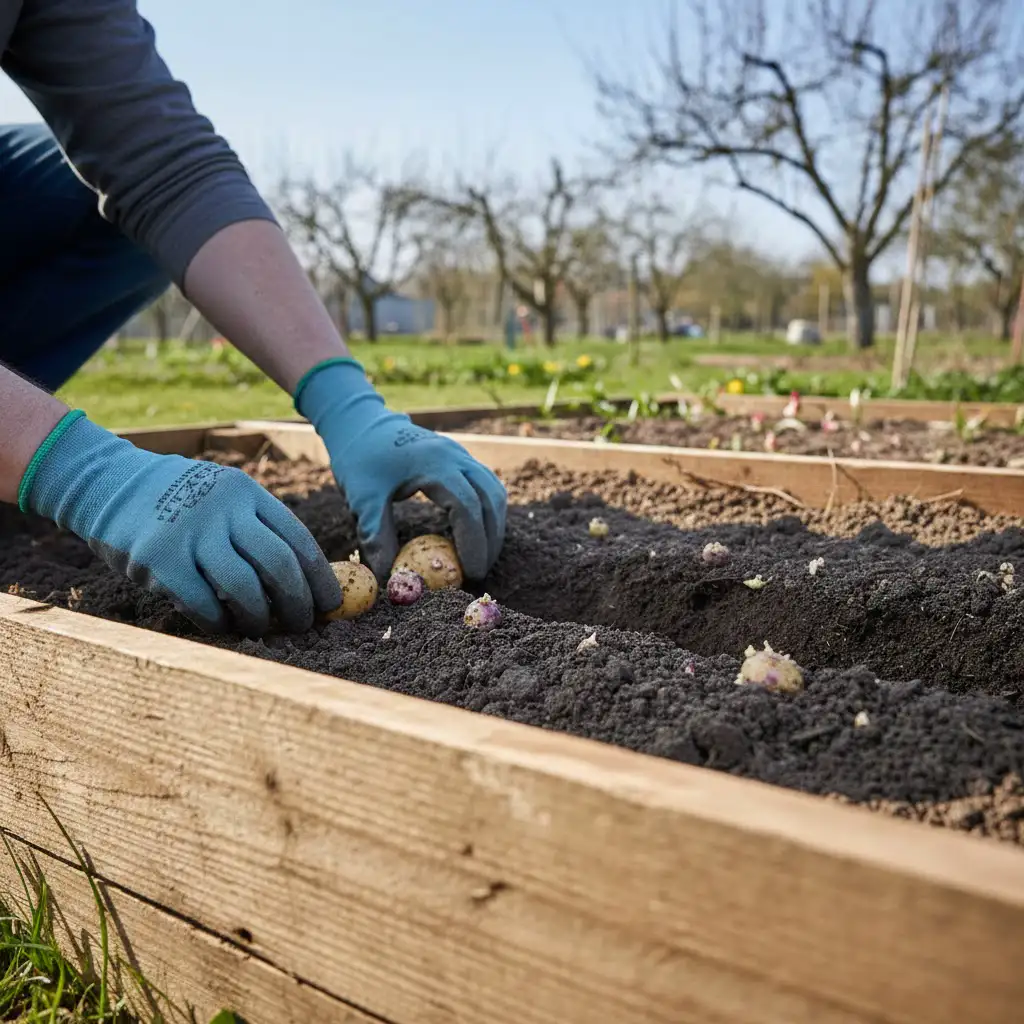 En person der lægger kartofler i en nylavet rille i et højbed, forårssol og fugtig jord