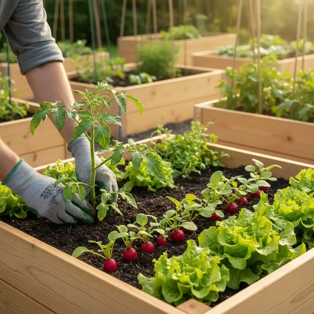 Udplantning af grønne planter i højbed på en forårsdag med solskin