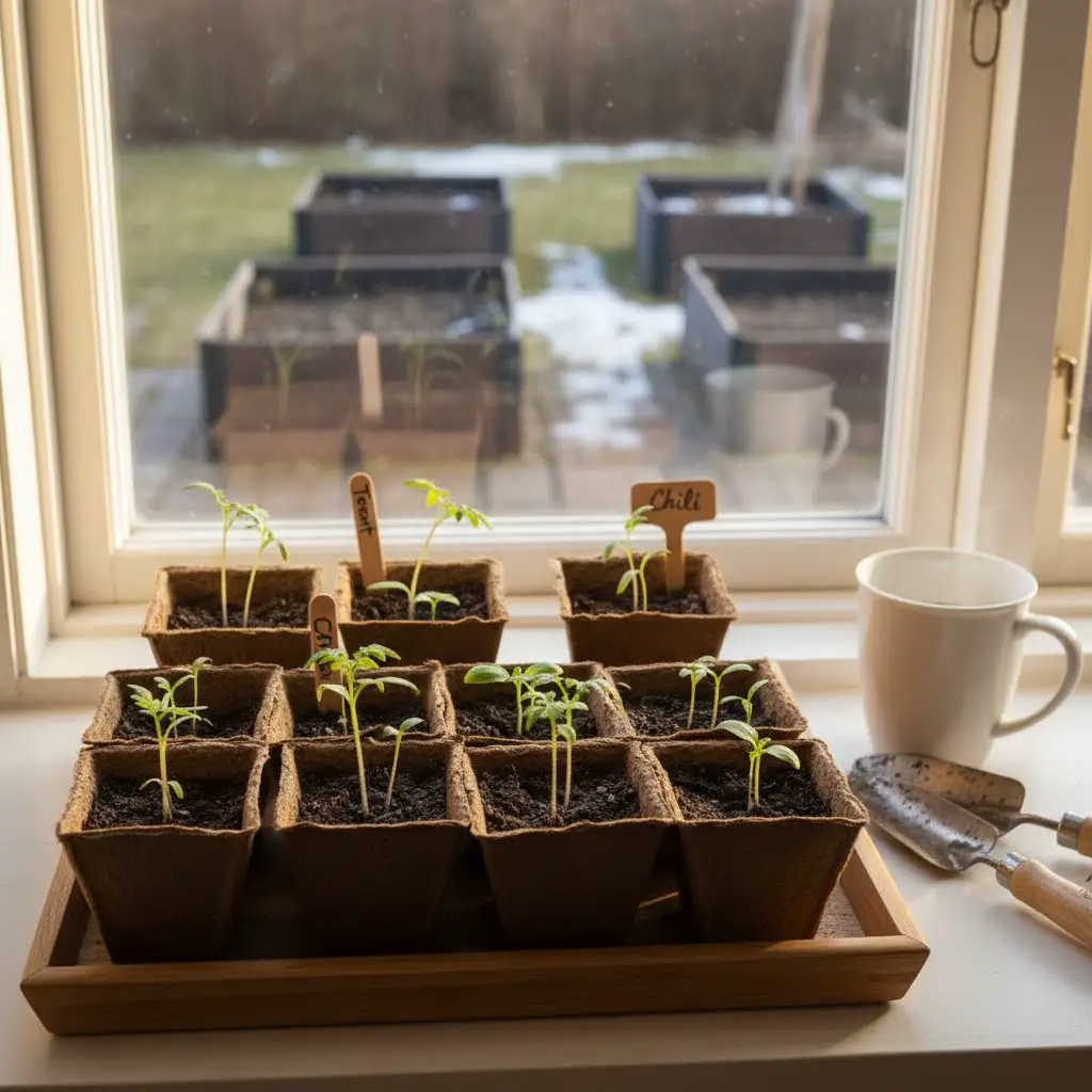 Lys vindueskarm med små forspiringsbakker og grønne spirer