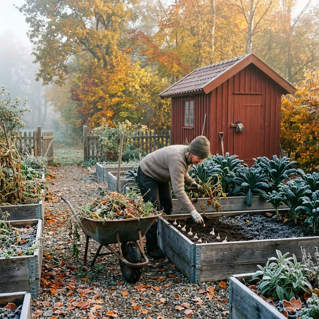 Oktober-køkkenhave med frost på højbede, grønkål og en person der rydder op