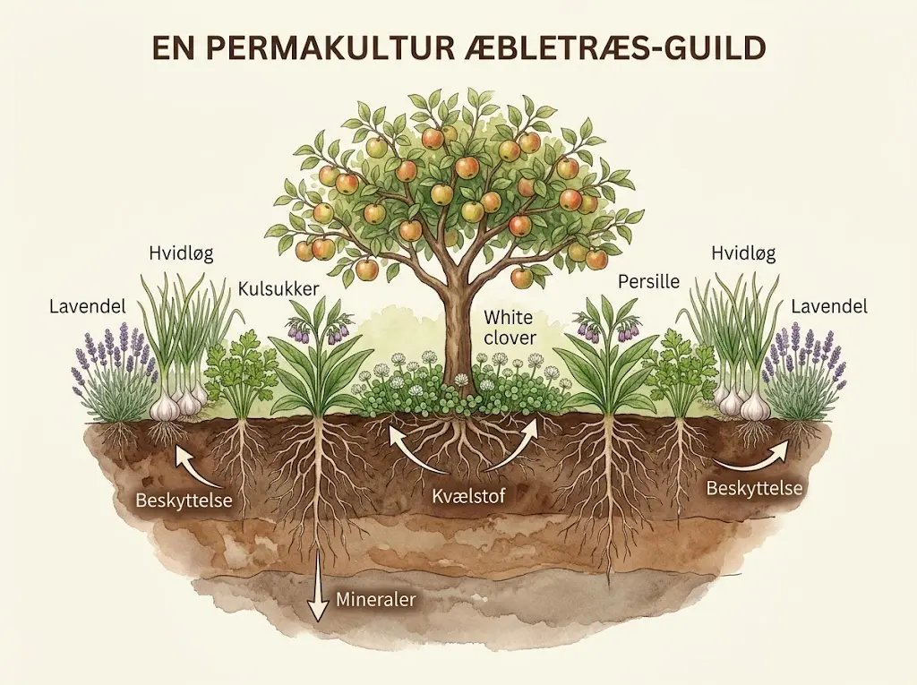 Illustration af et æbletræ-gilde med planter i cirkler