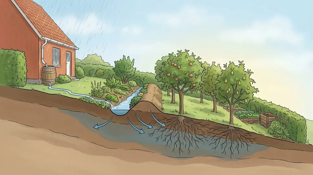 Swale-system der opfanger regnvand i en skrånende have