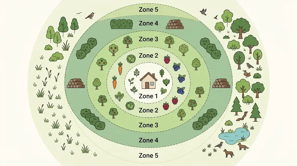 Diagram over de 5 permakultur-zoner set ovenfra
