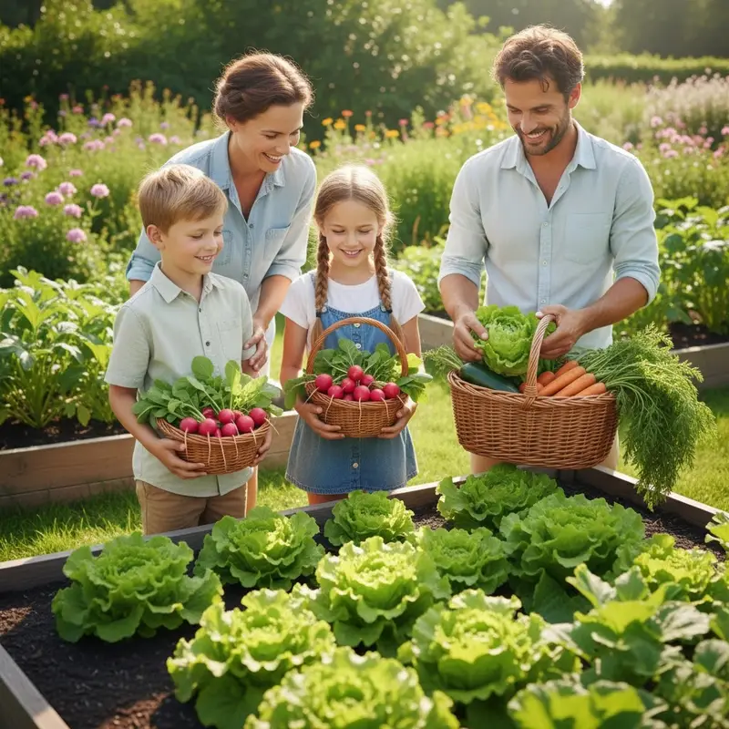 Familie høster grøntsager fra deres køkkenhave