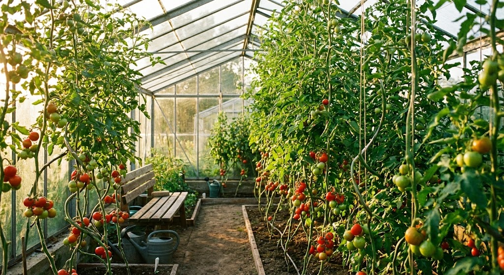 Tomater i drivhus med trådnet